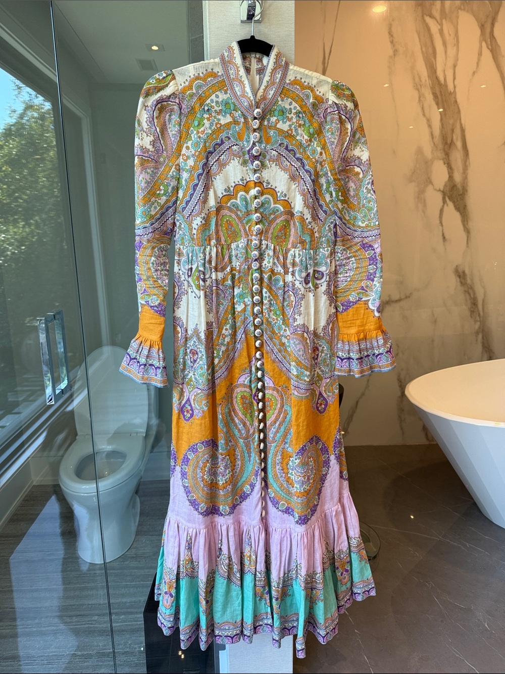 Zimmerman Boho Paisley Button-Front Maxi Dress in Yellow, Lavender & Teal